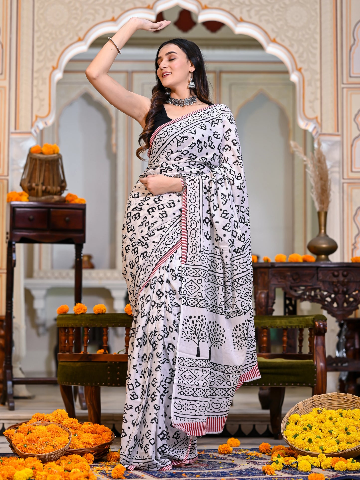 White Ikkat Block Print Pure Cotton Saree