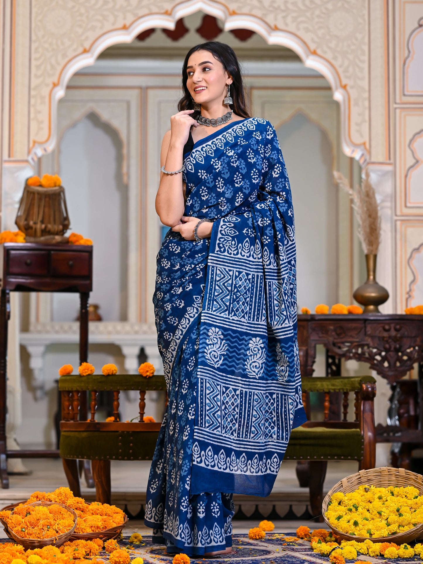 Indigo Blue Daabu Block Print Pure Cotton Saree