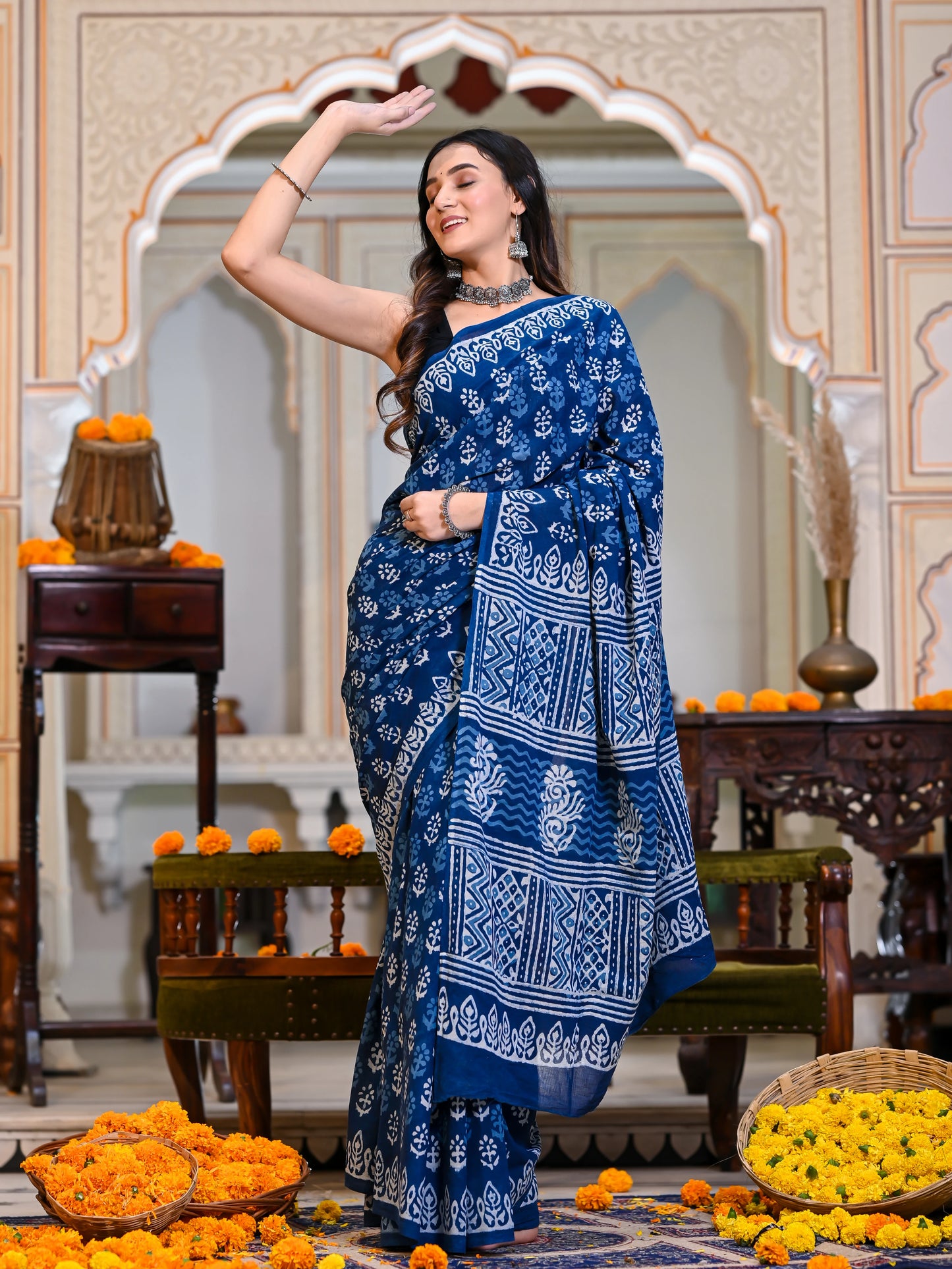 Indigo Blue Daabu Block Print Pure Cotton Saree