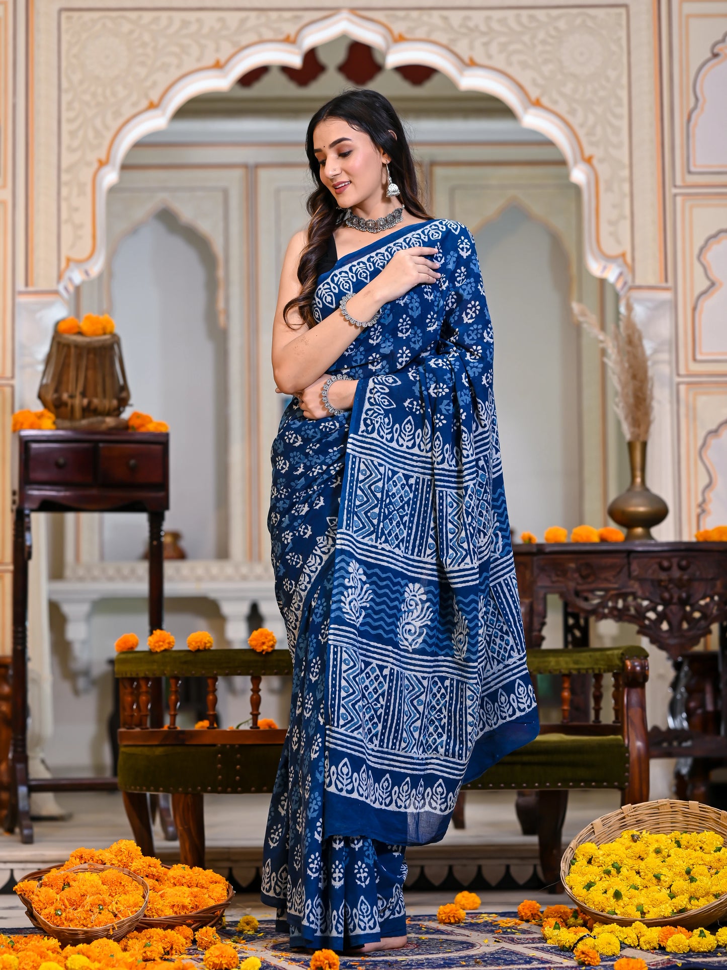 Indigo Blue Daabu Block Print Pure Cotton Saree