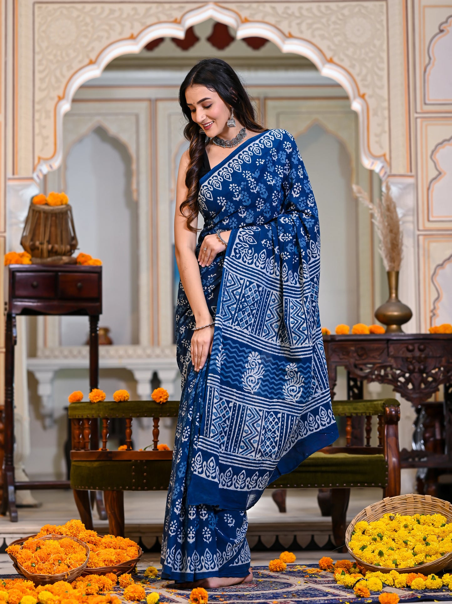 Indigo Blue Daabu Block Print Pure Cotton Saree