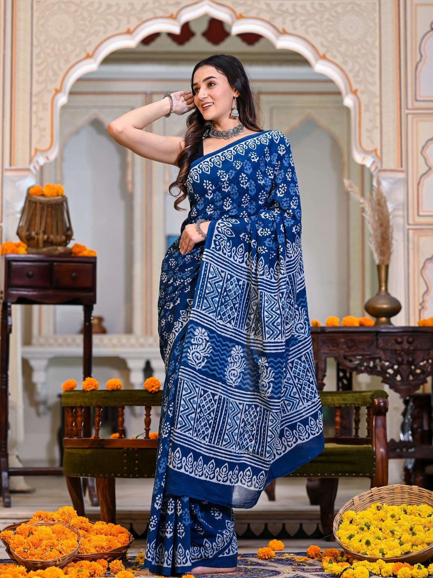 Indigo Blue Daabu Block Print Pure Cotton Saree