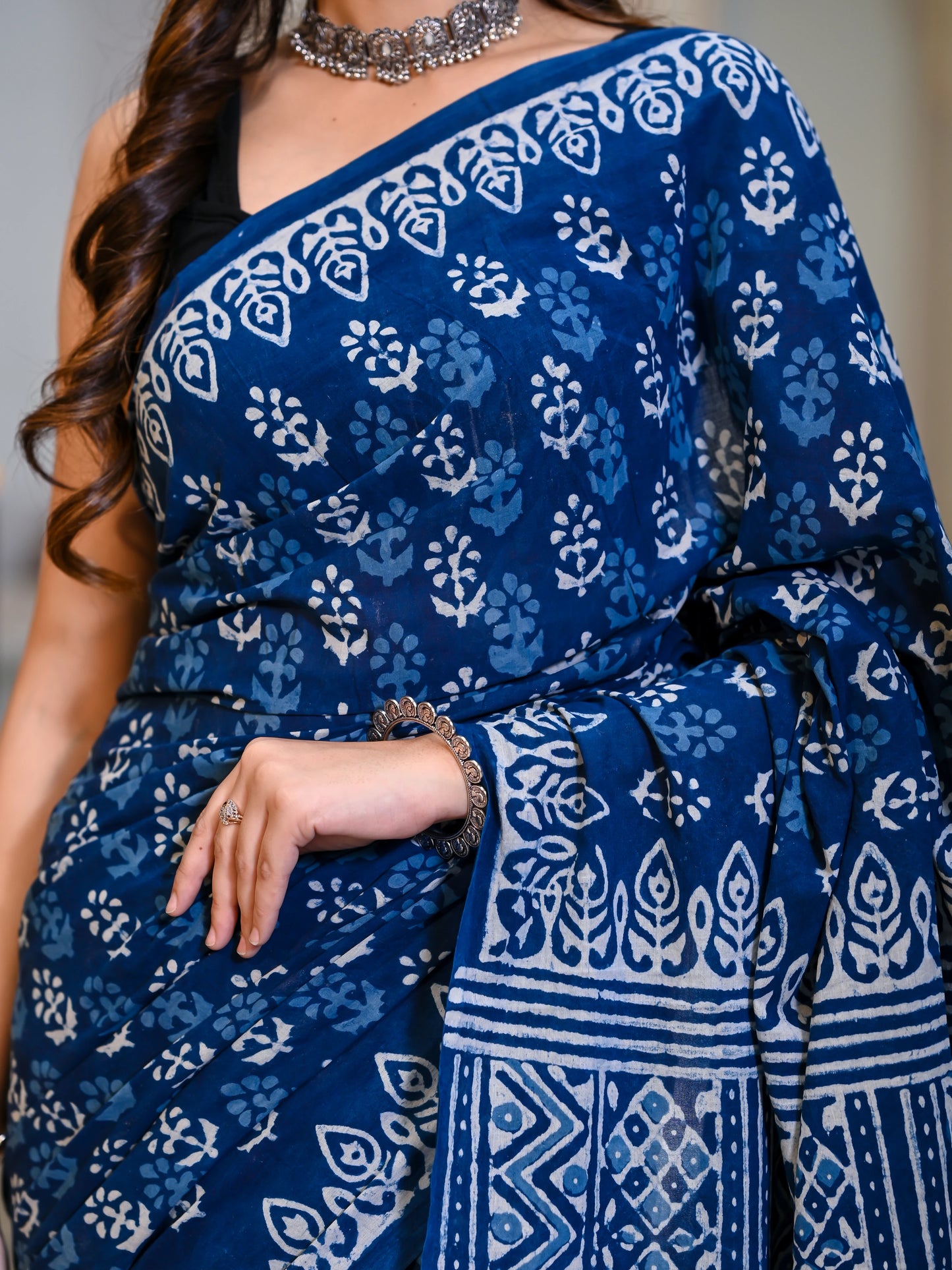 Indigo Blue Daabu Block Print Pure Cotton Saree