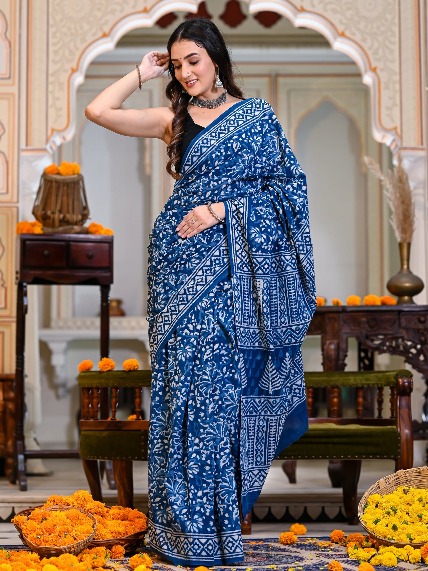 Indigo Daabu Jhaal Block Print Cotton Saree