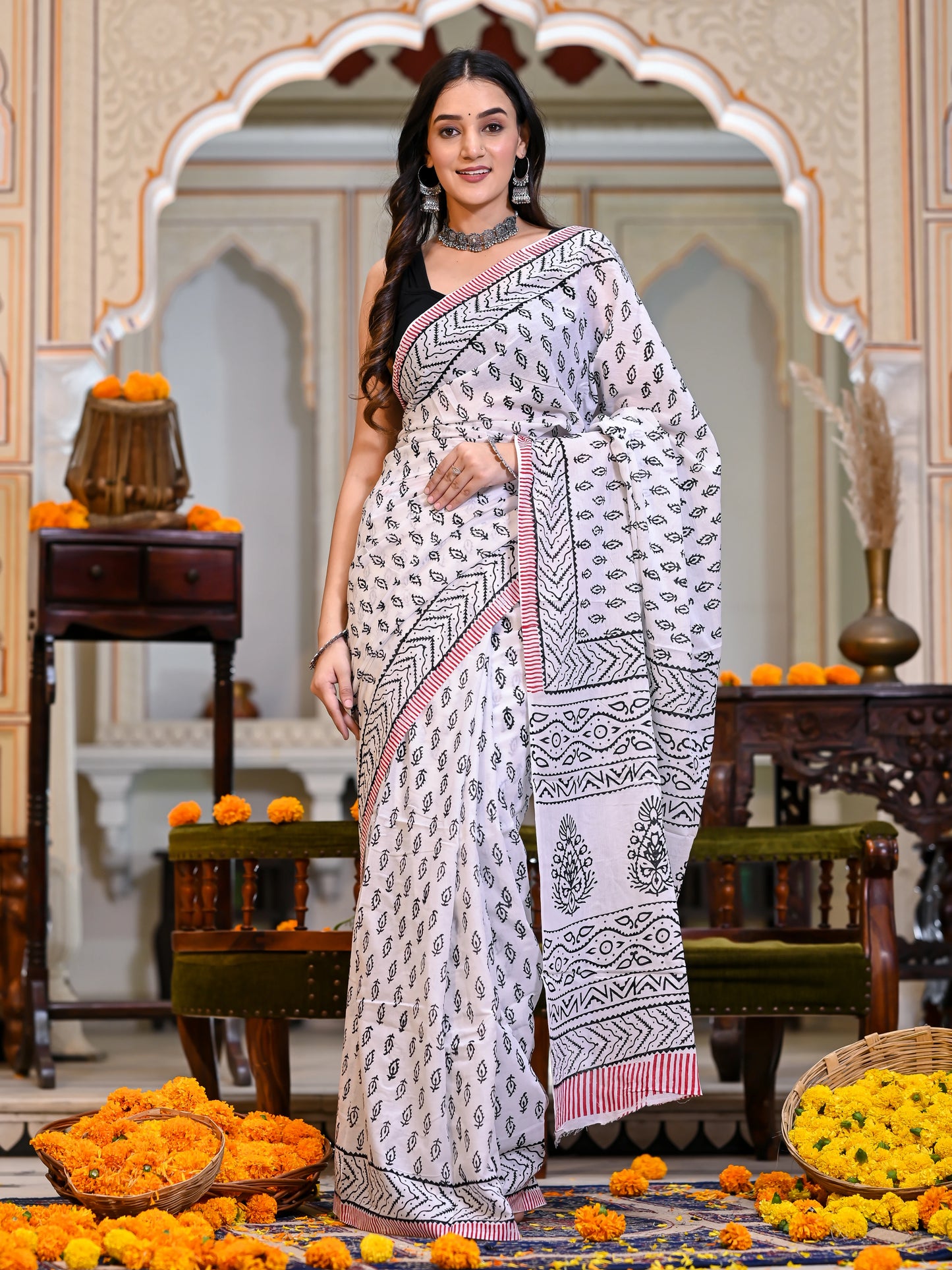 White Booti Block Print Pure Cotton Saree