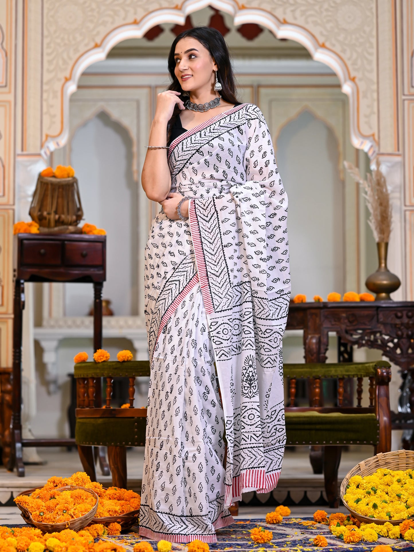 White Booti Block Print Pure Cotton Saree