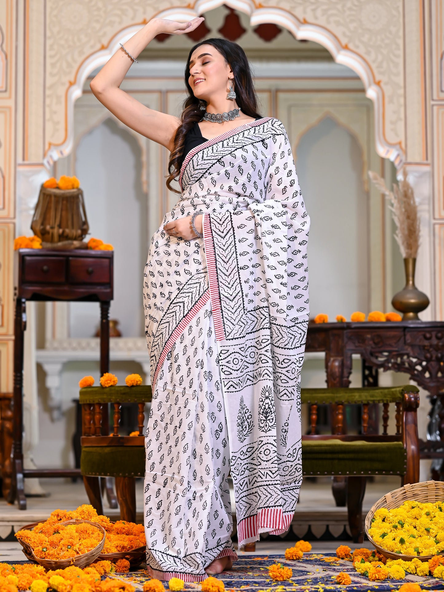 White Booti Block Print Pure Cotton Saree