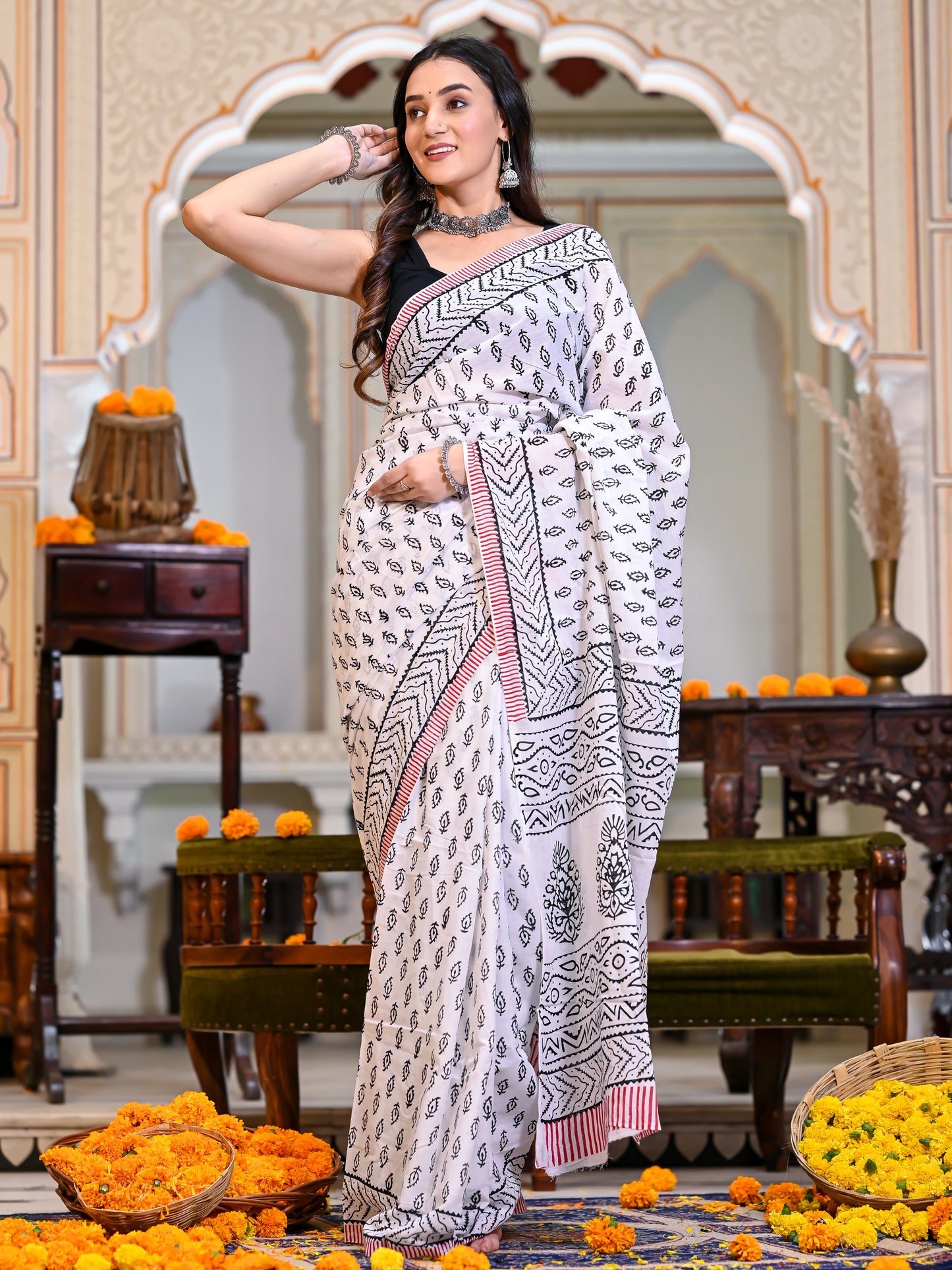 White Booti Block Print Pure Cotton Saree