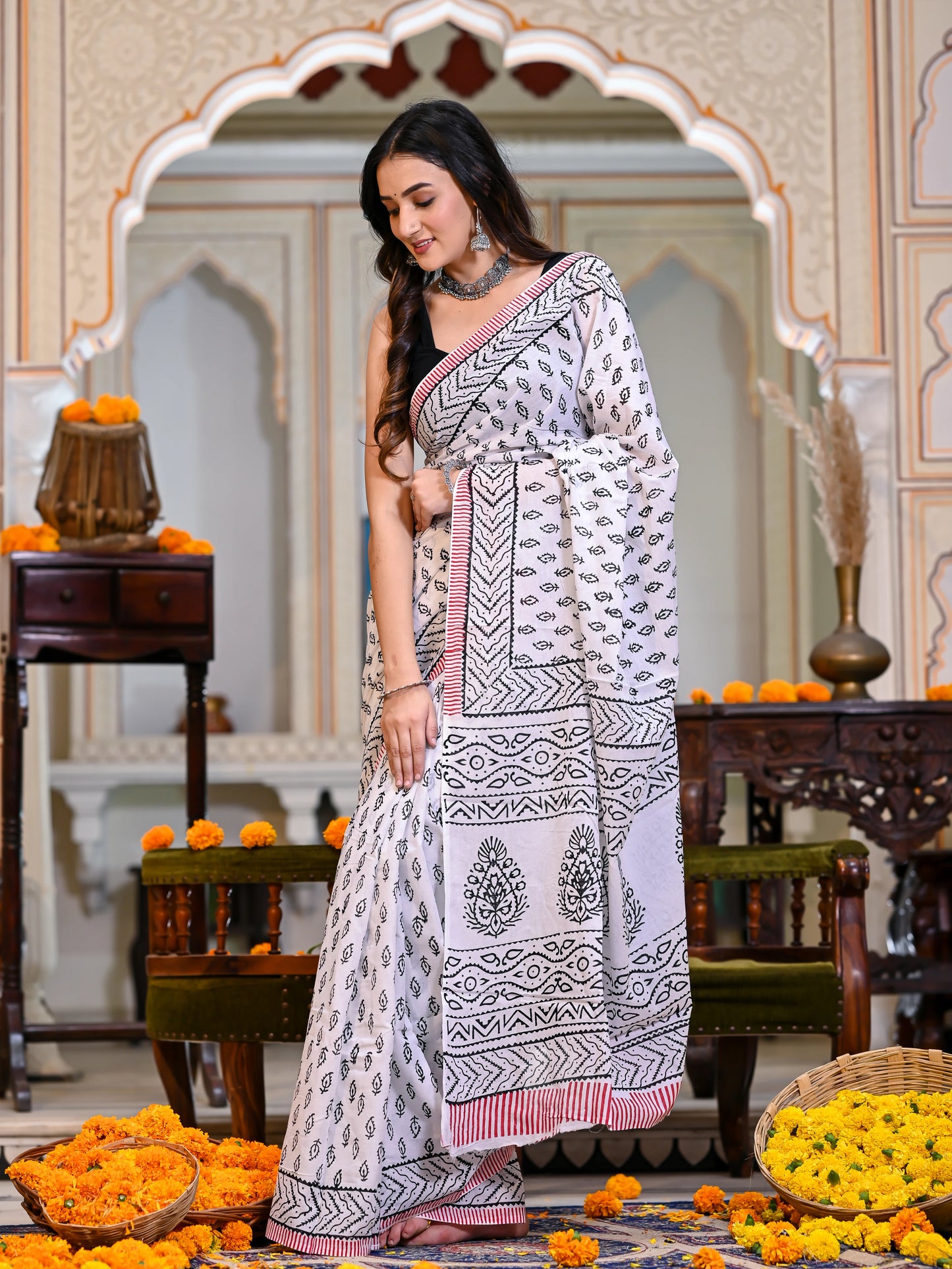 White Booti Block Print Pure Cotton Saree