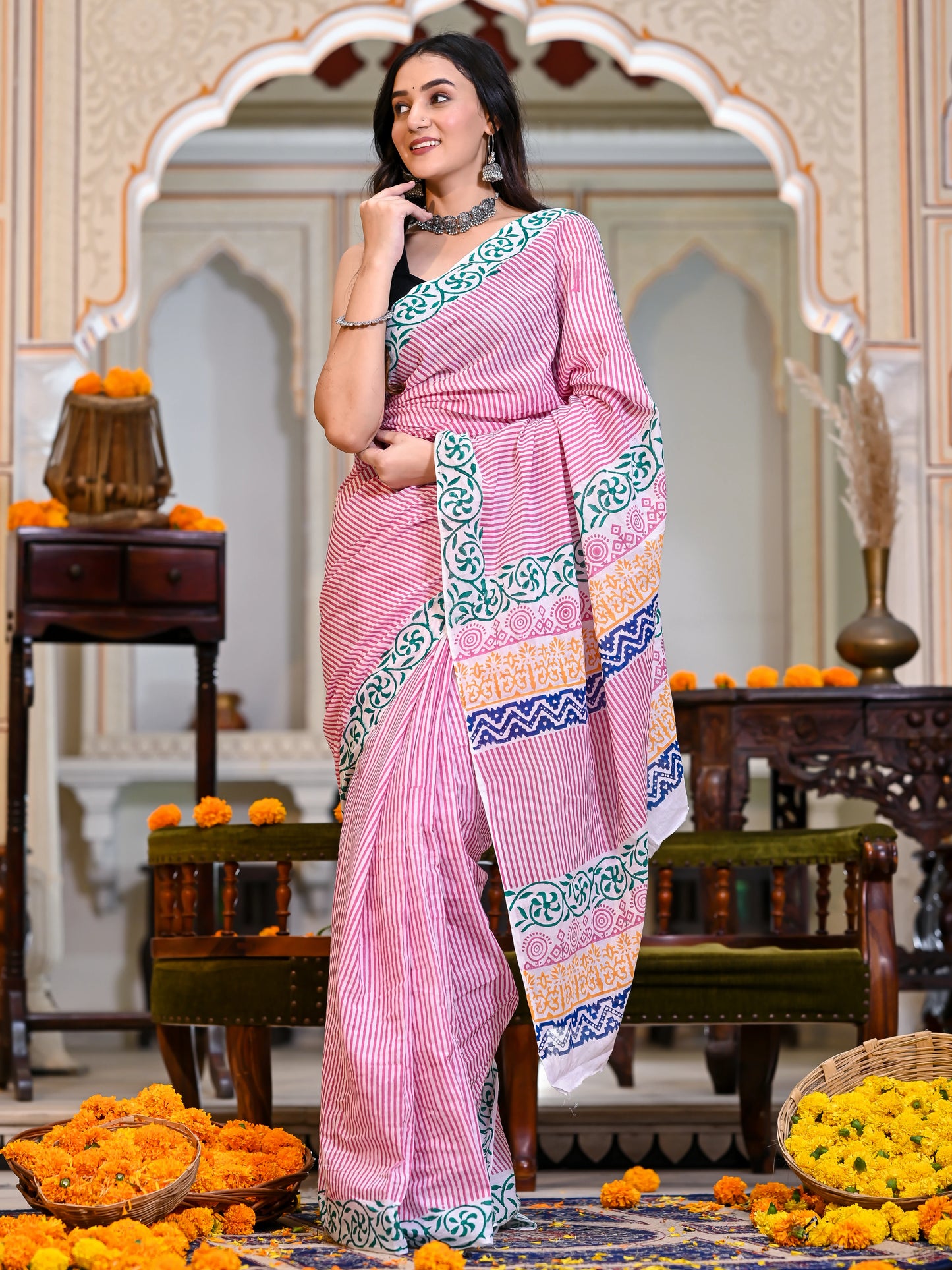 Pink Salli Hand Block Print Pure Mul Cotton Saree