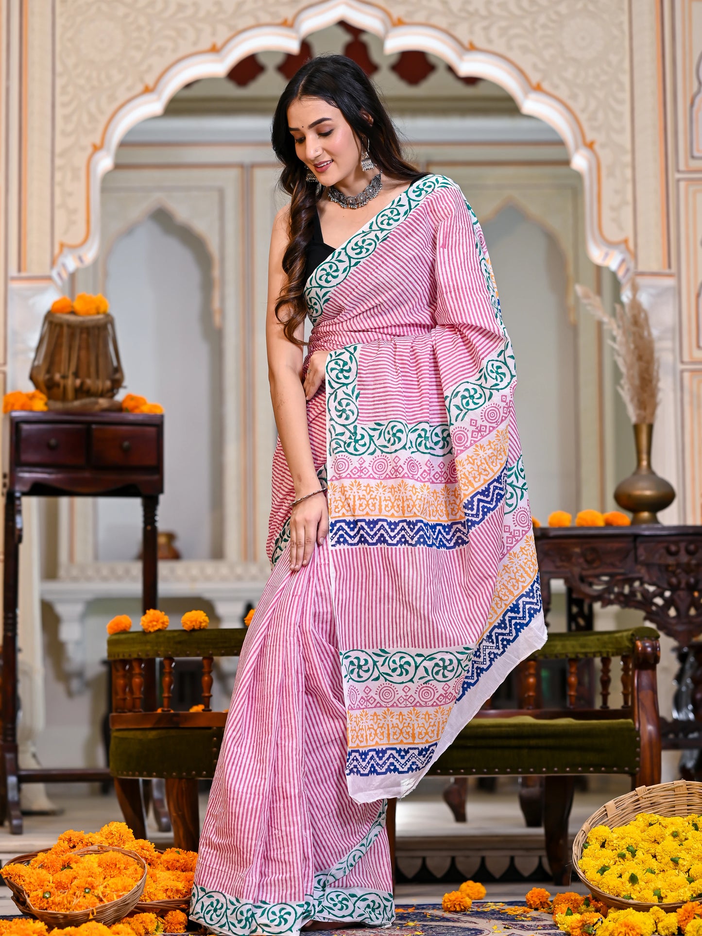 Pink Salli Hand Block Print Pure Mul Cotton Saree