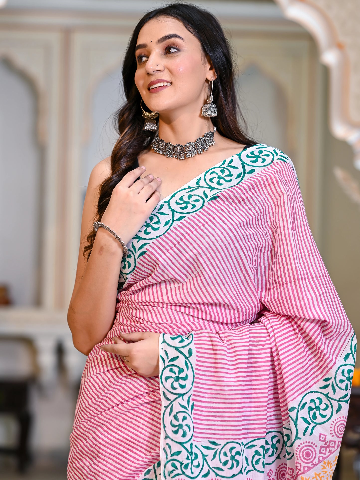 Pink Salli Hand Block Print Pure Mul Cotton Saree