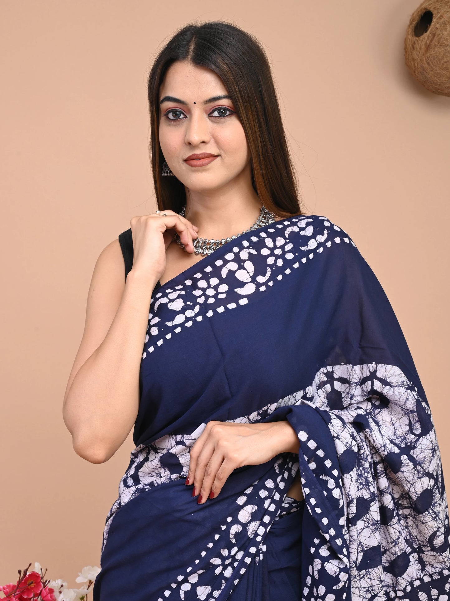 Hand Block Printed Mul Cotton Saree (Wax Batik)