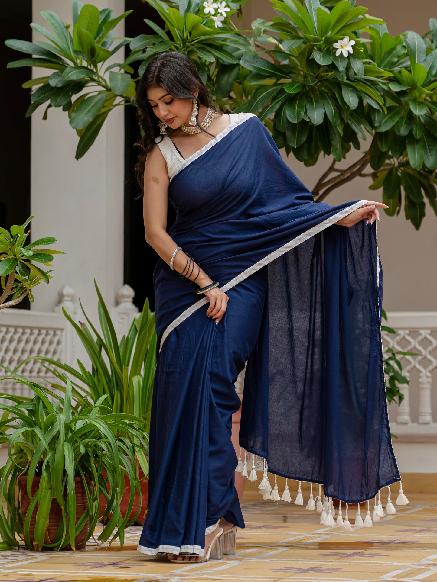 Blue saree with tussels