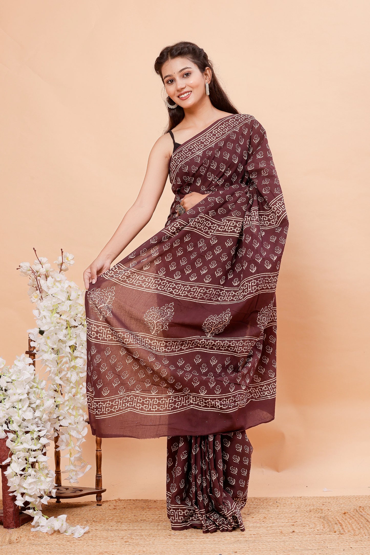 Brown bootie Hand Block Mul Cotton Saree