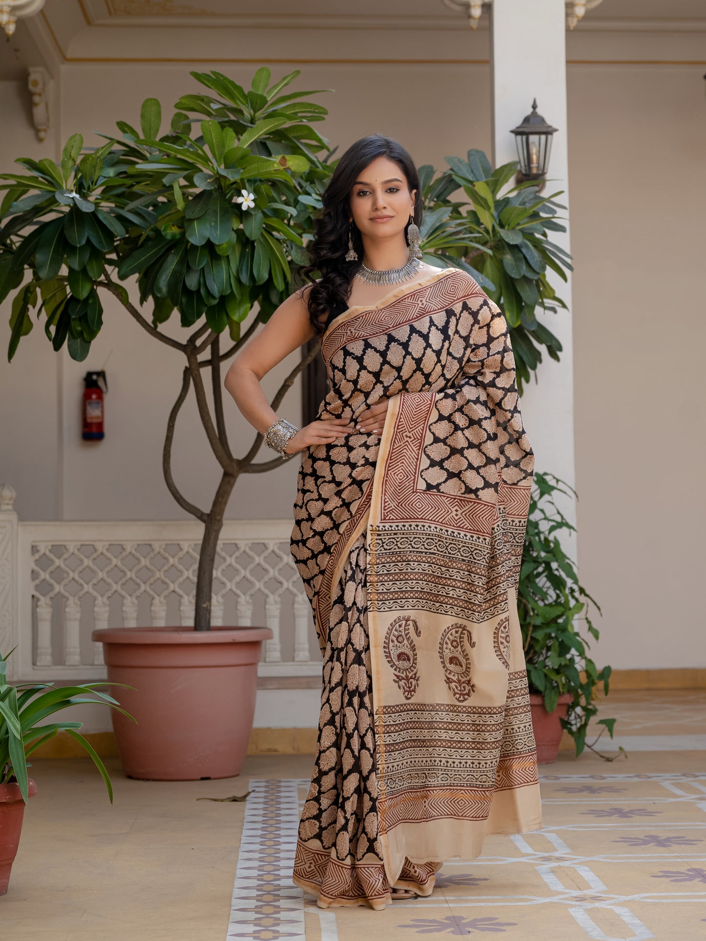 Bagru black boota silk saree