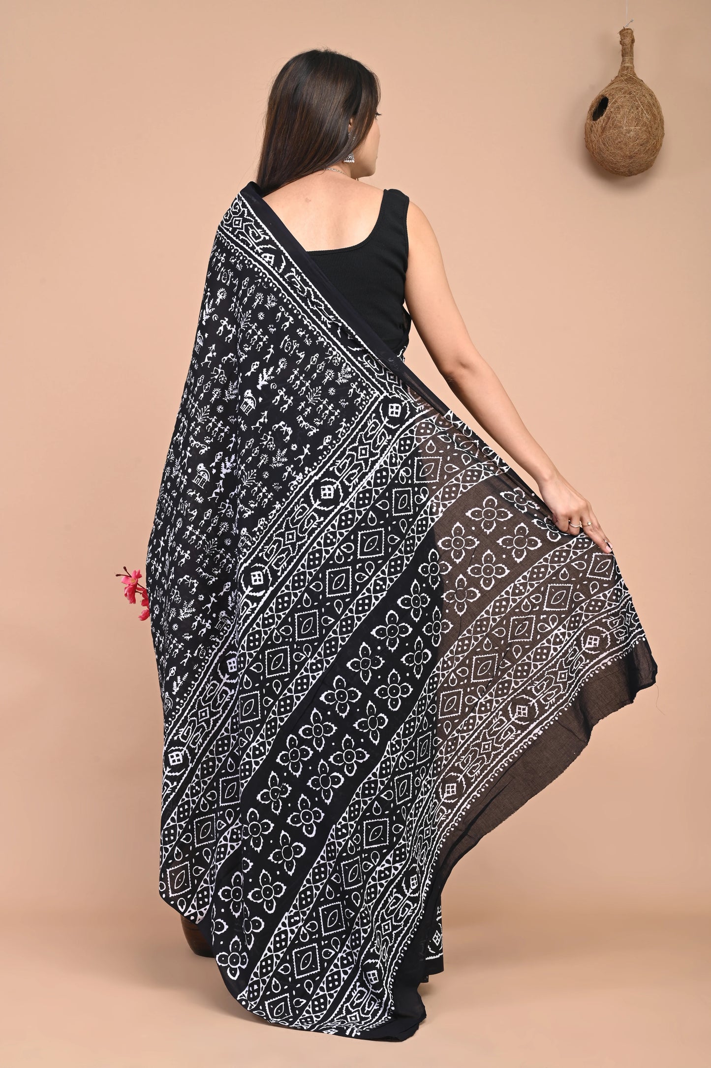 Black varli Hand Block Mul Cotton Saree (Warli Print)