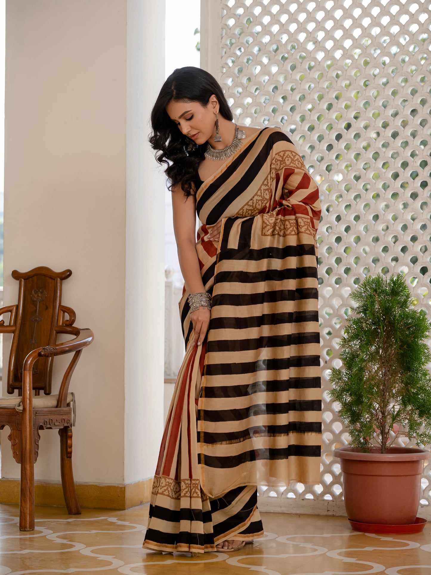 Bagru stripes Chanderi Silk Saree
