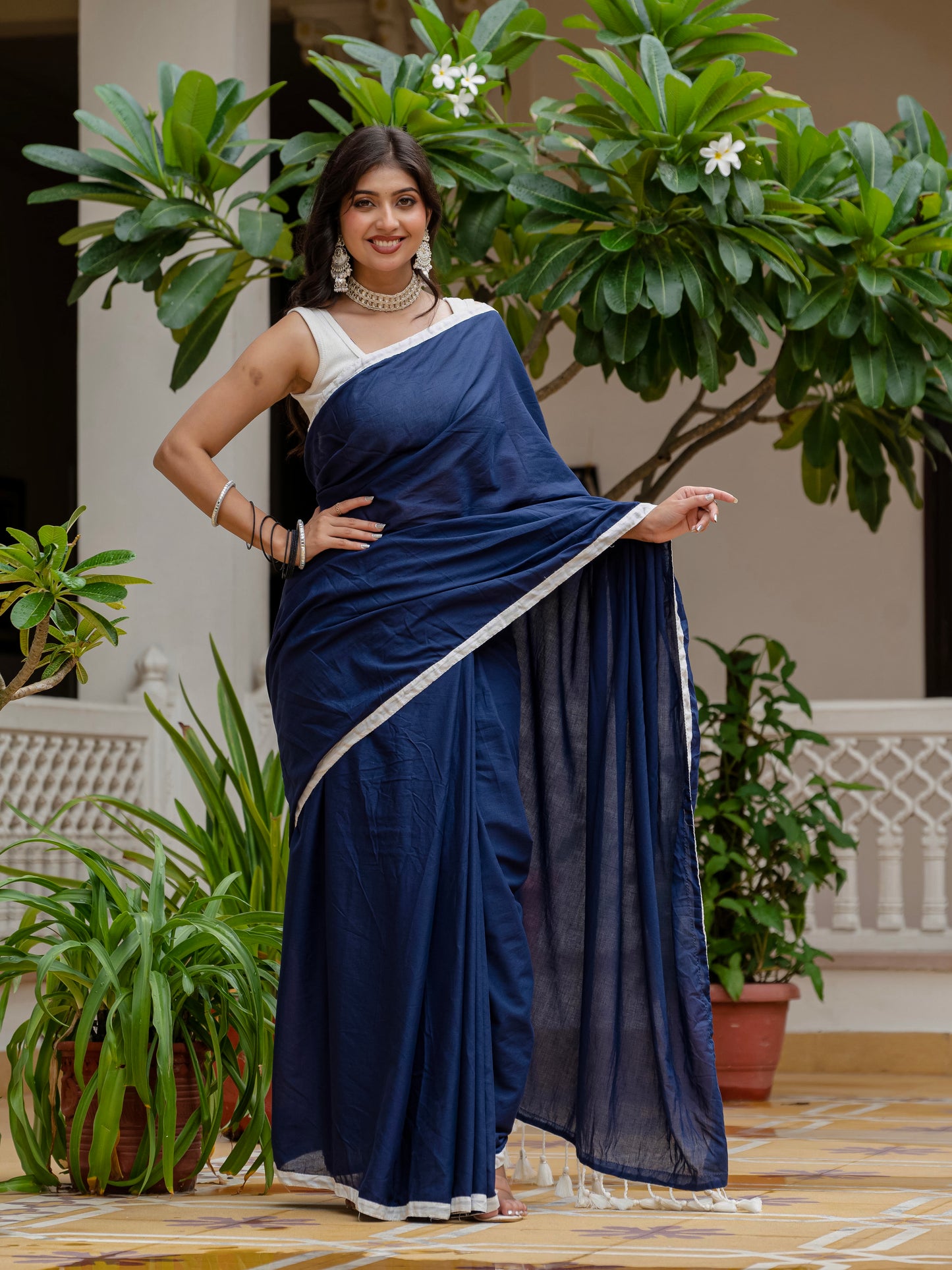 Blue saree with tussels