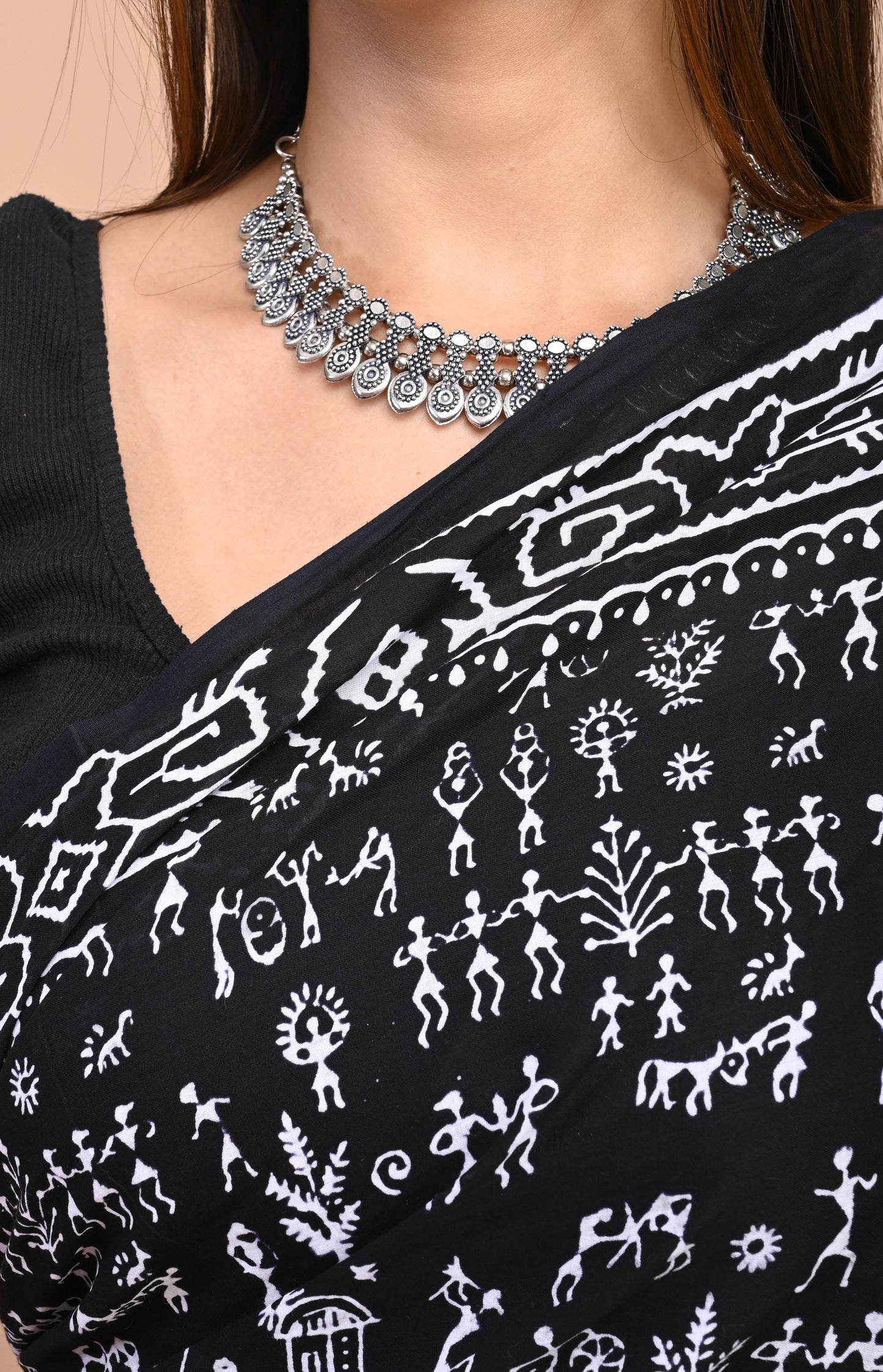 Black varli Hand Block Mul Cotton Saree (Warli Print)