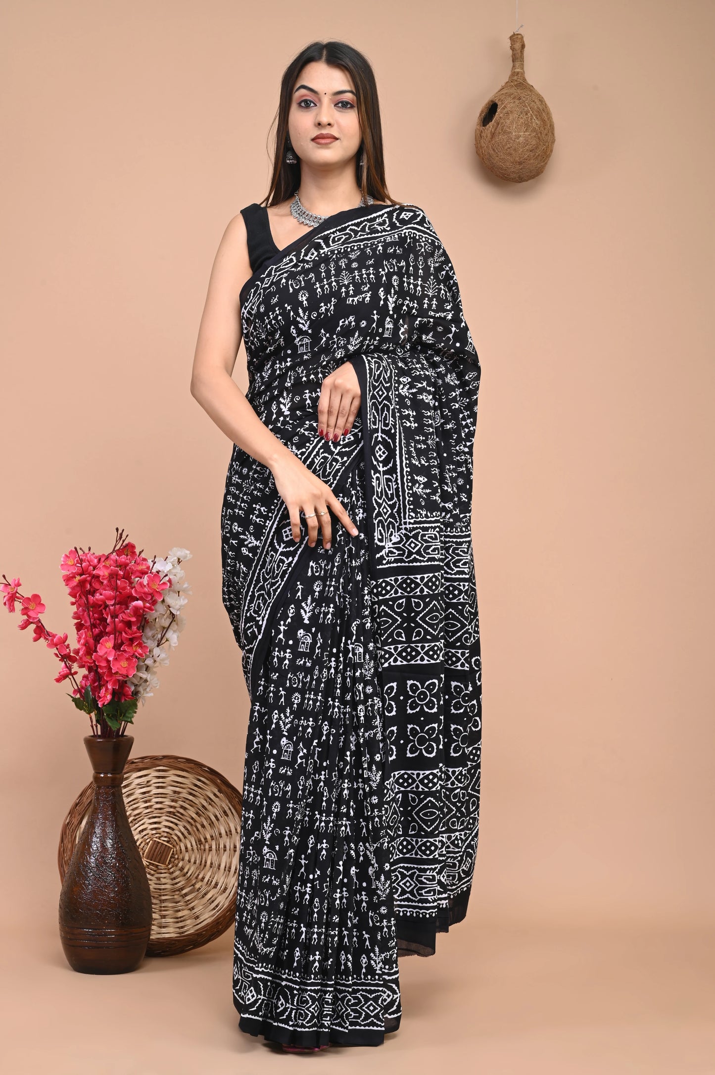 Black varli Hand Block Mul Cotton Saree (Warli Print)