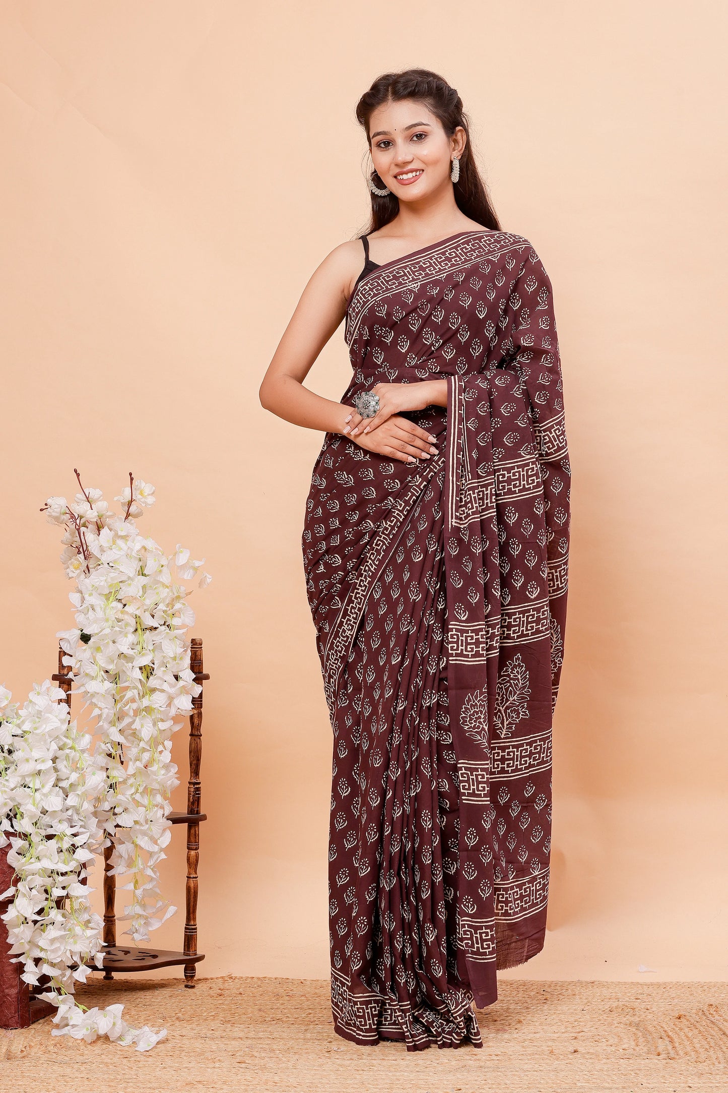Brown bootie Hand Block Mul Cotton Saree