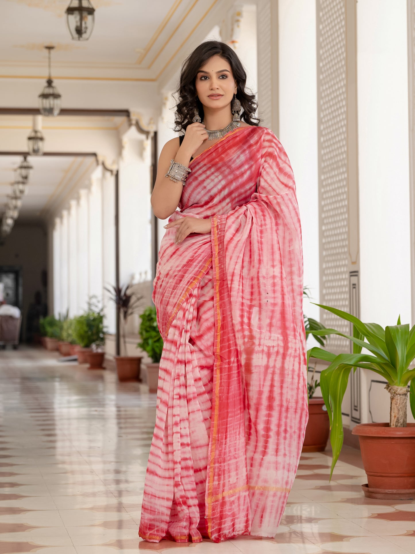 White & Red tie dye Chanderi Silk Saree