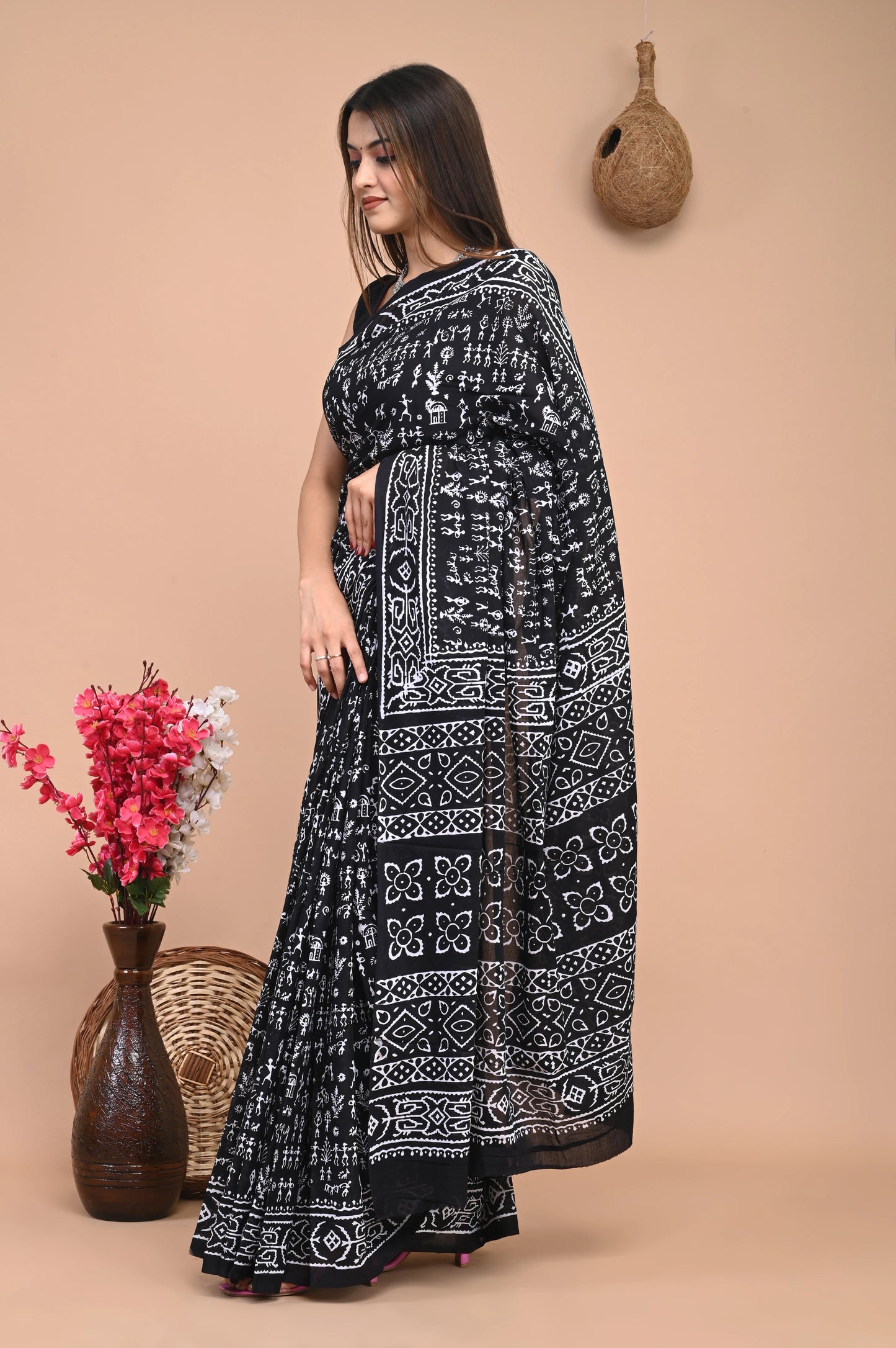 Black varli Hand Block Mul Cotton Saree (Warli Print)