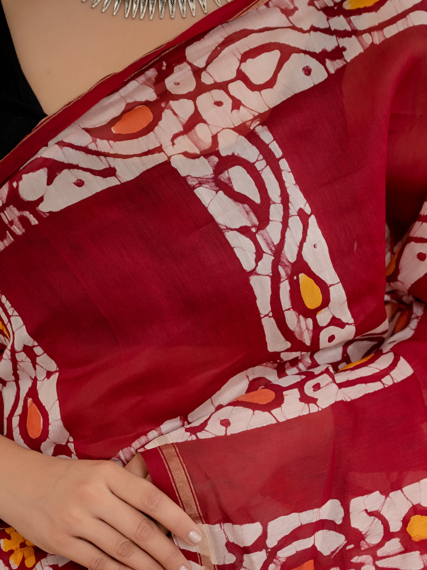Maroon batik printed Chanderi Silk Saree