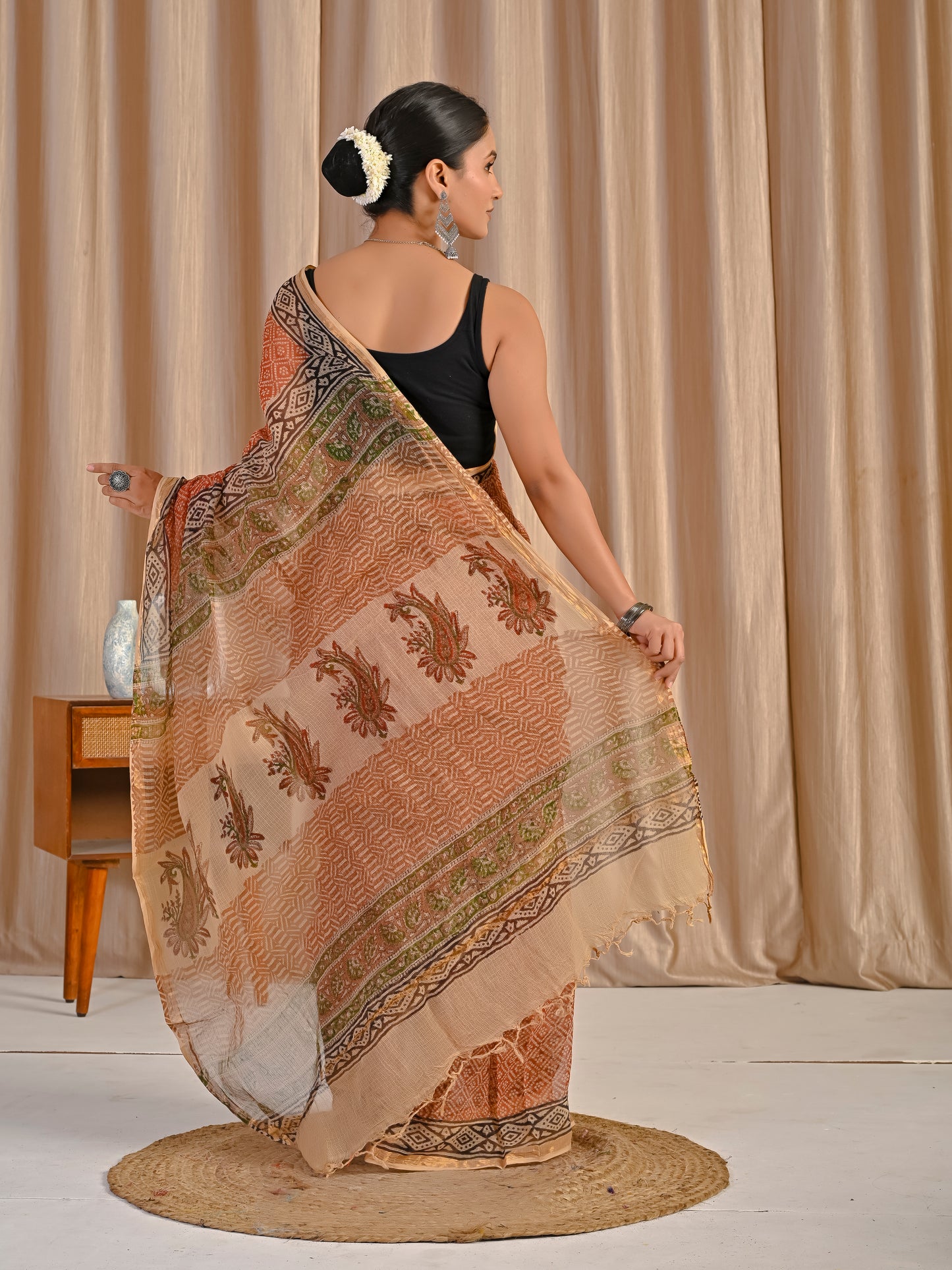 Bagru printed red jaal pure kota doriya saree