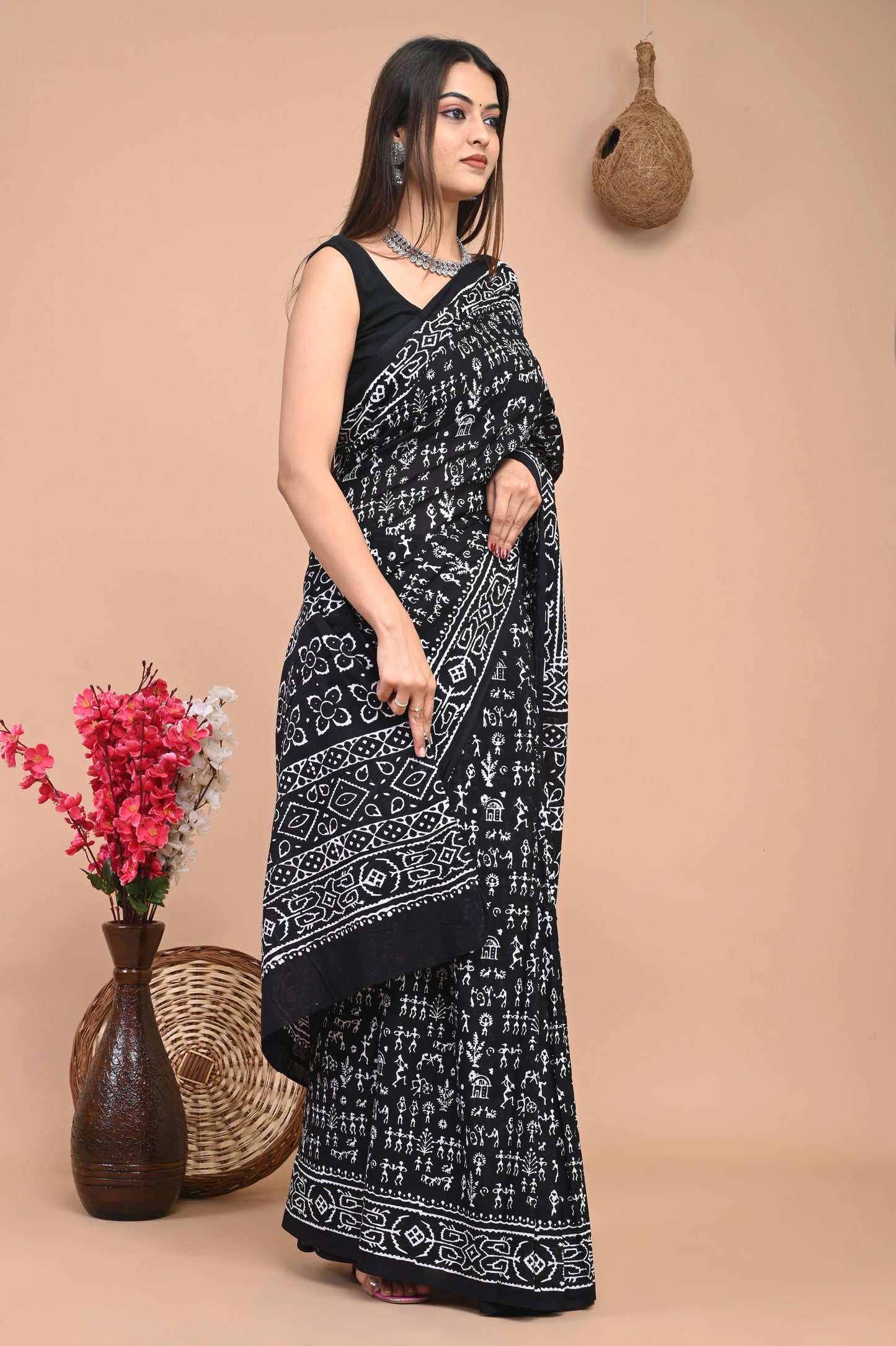 Black varli Hand Block Mul Cotton Saree (Warli Print)
