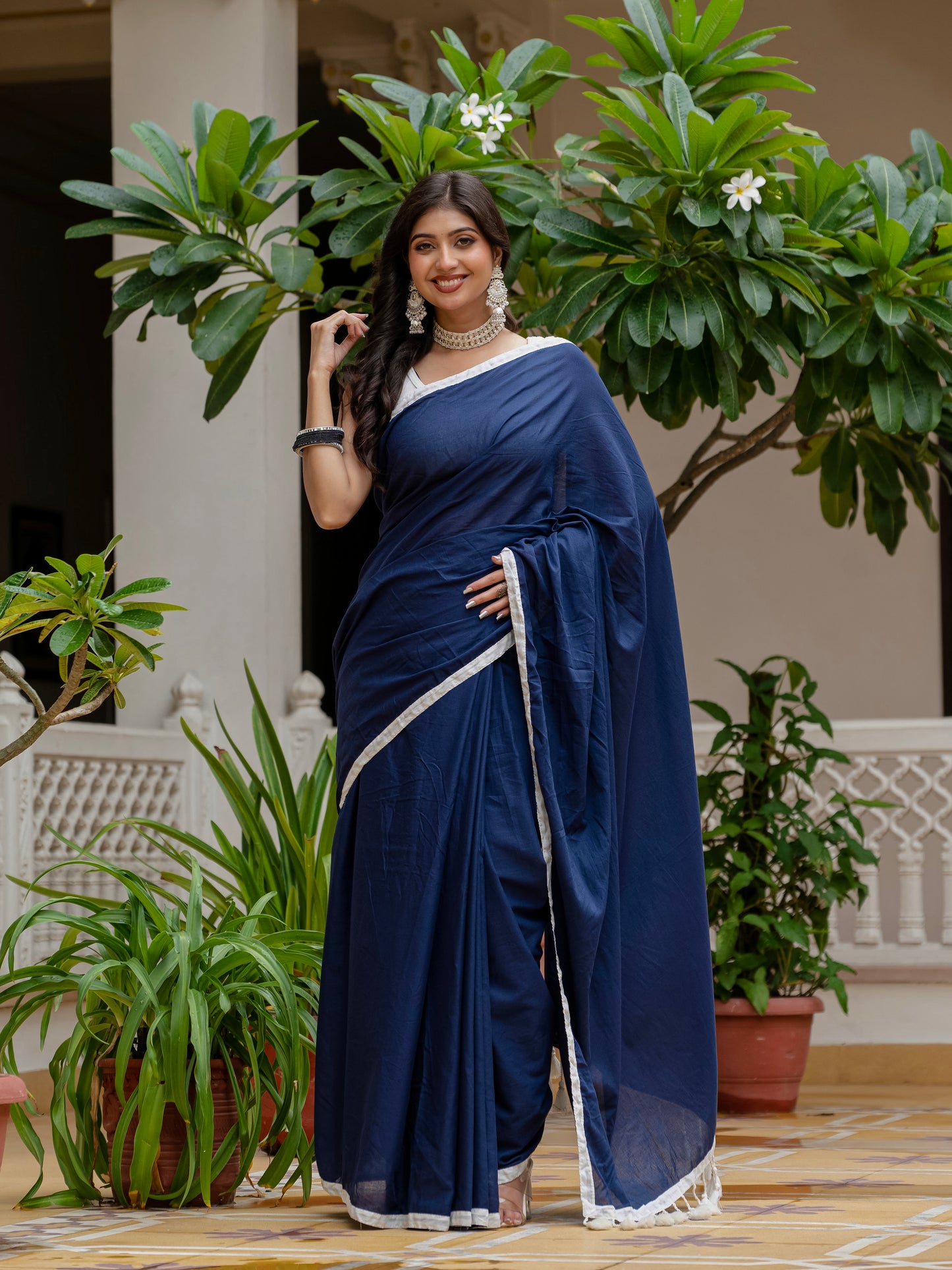 Blue saree with tussels