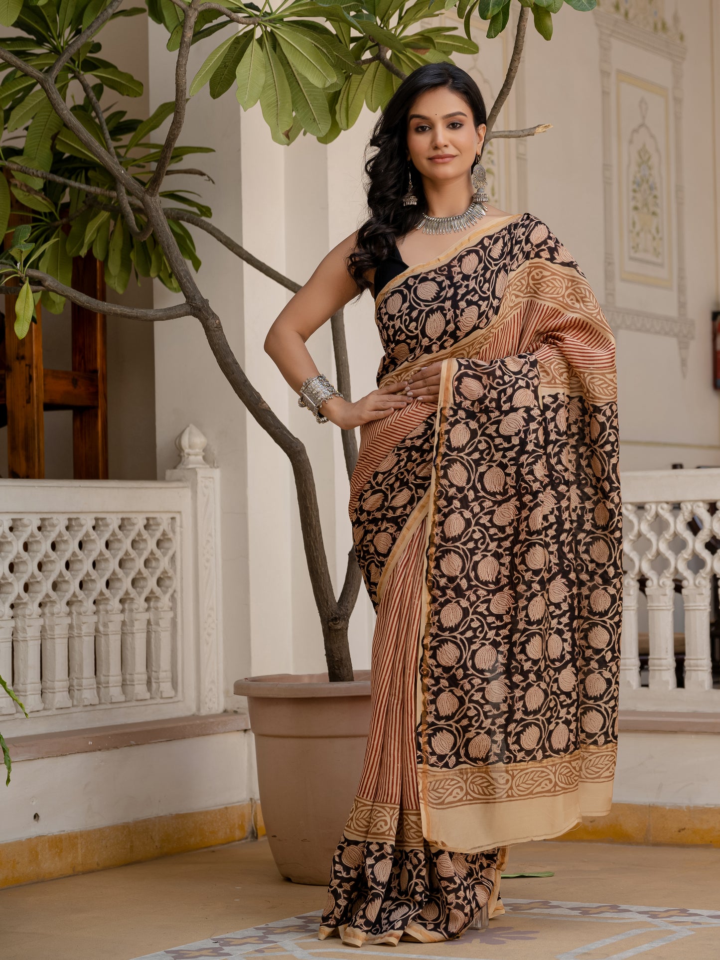 Bagru Gadh Jaal Chanderi Silk Saree