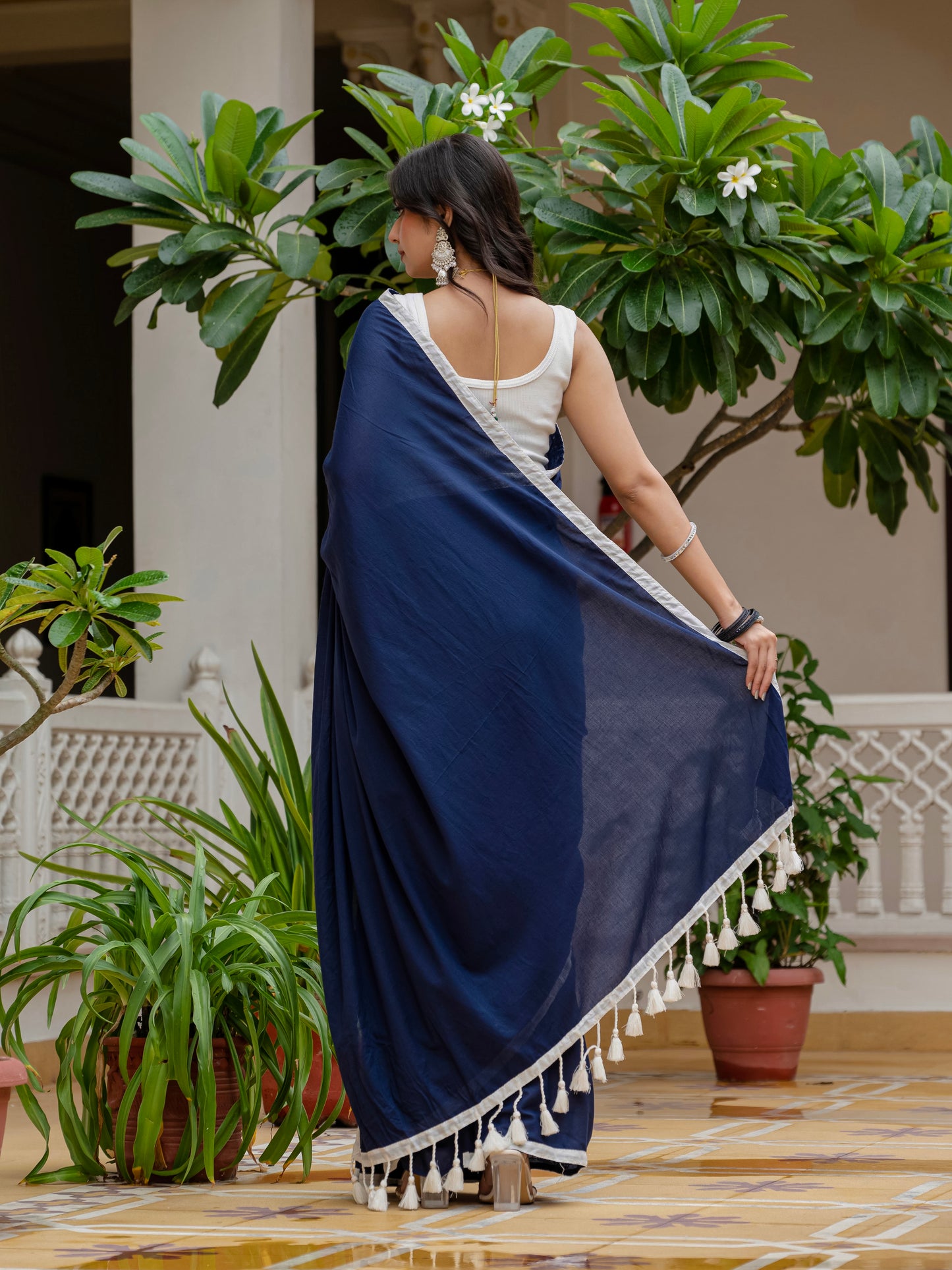 Blue saree with tussels