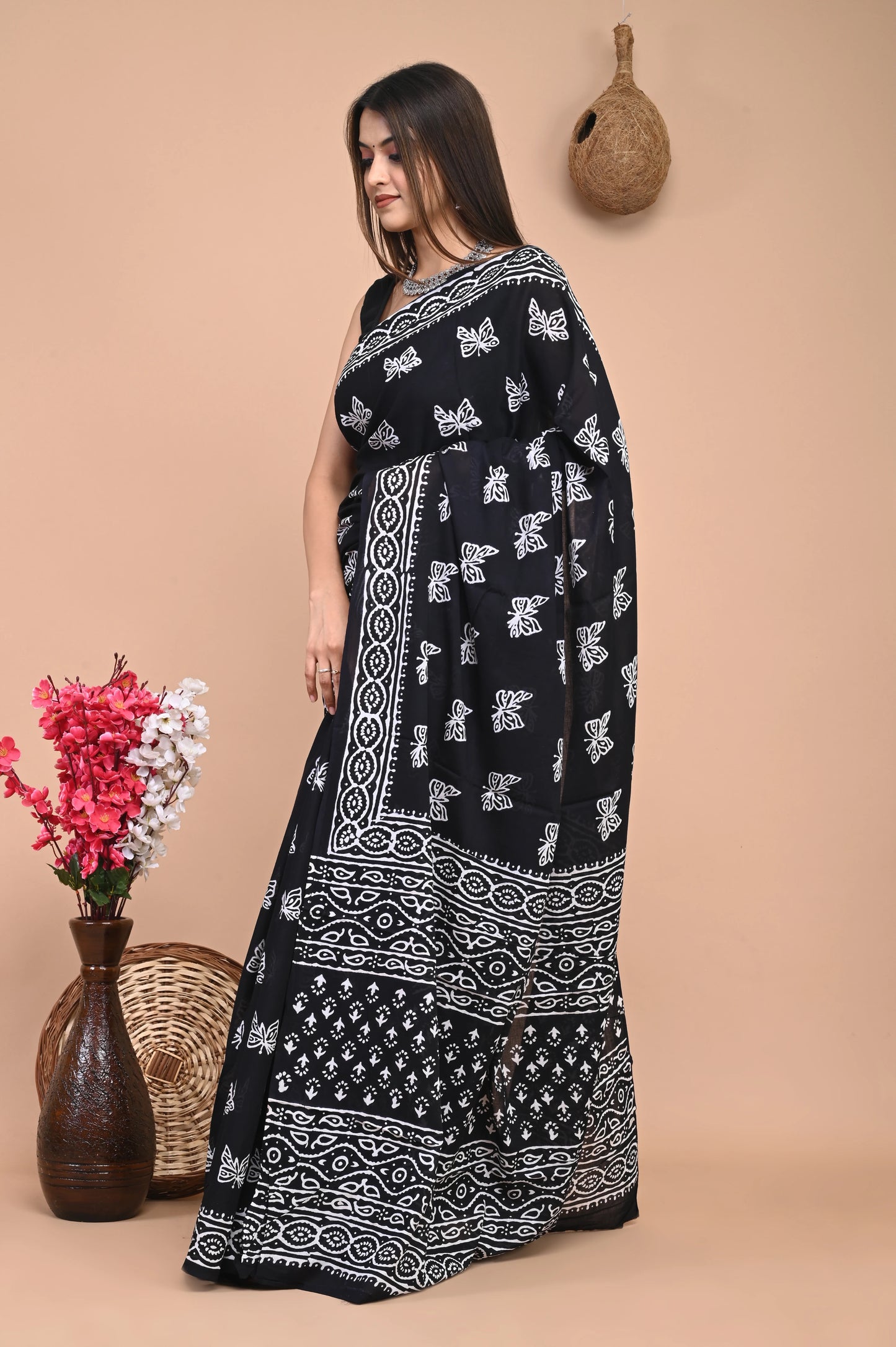 Butterfly print pure cotton 100% Hand Block saree