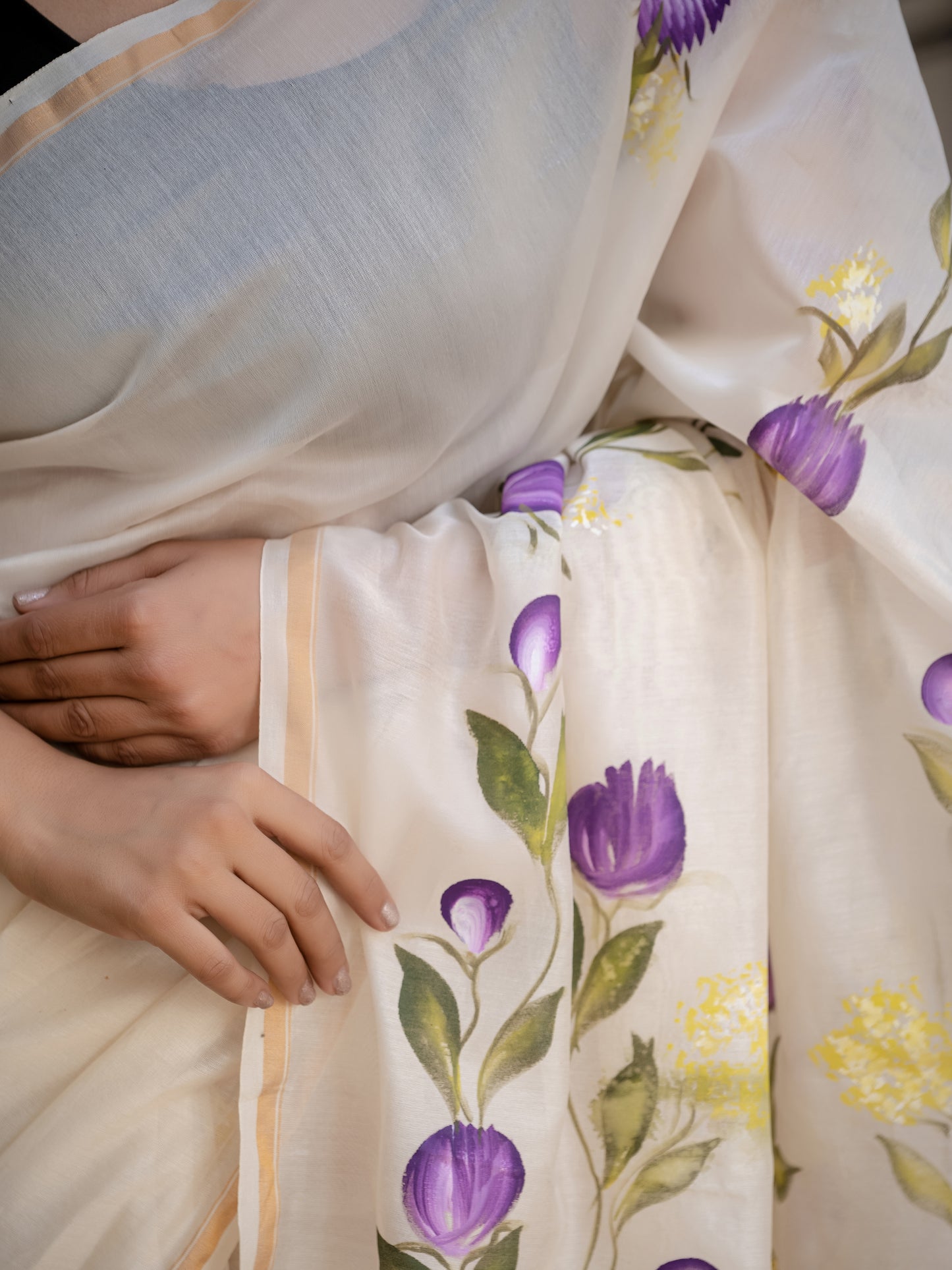 White Hand Painted Chanderi Silk Saree