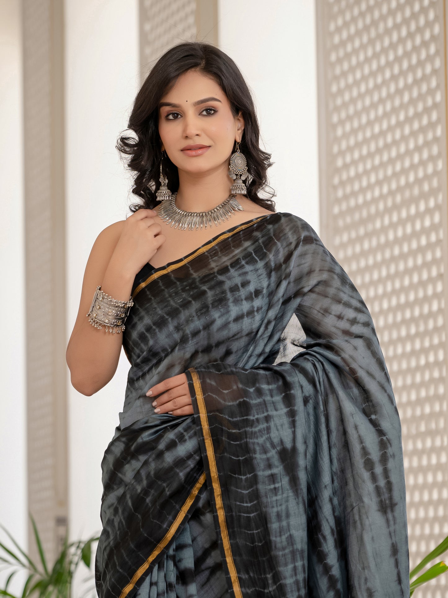 Grey black tie dye printed Chanderi Silk Saree