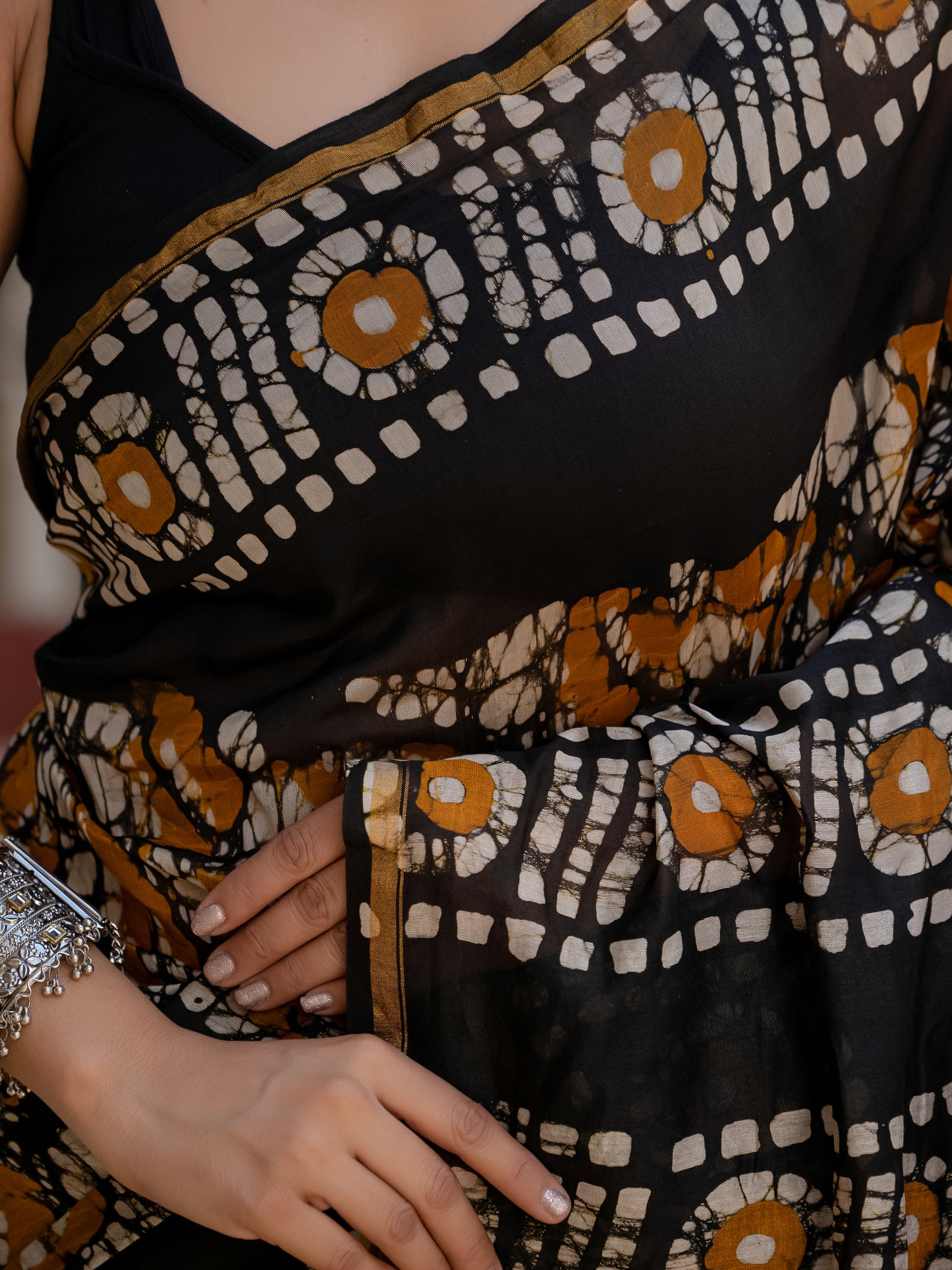 Black yellow batik printed silk saree