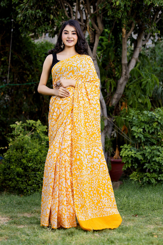 Bright Yellow Batik Printed Pure Cotton Saree