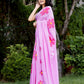 Baby pink flowers hand painted mul cotton saree