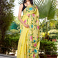 Yellow flower bel hand painted mul cotton saree