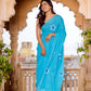 Sky bluish floral hand painted mul cotton saree