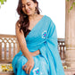 Sky bluish floral hand painted mul cotton saree