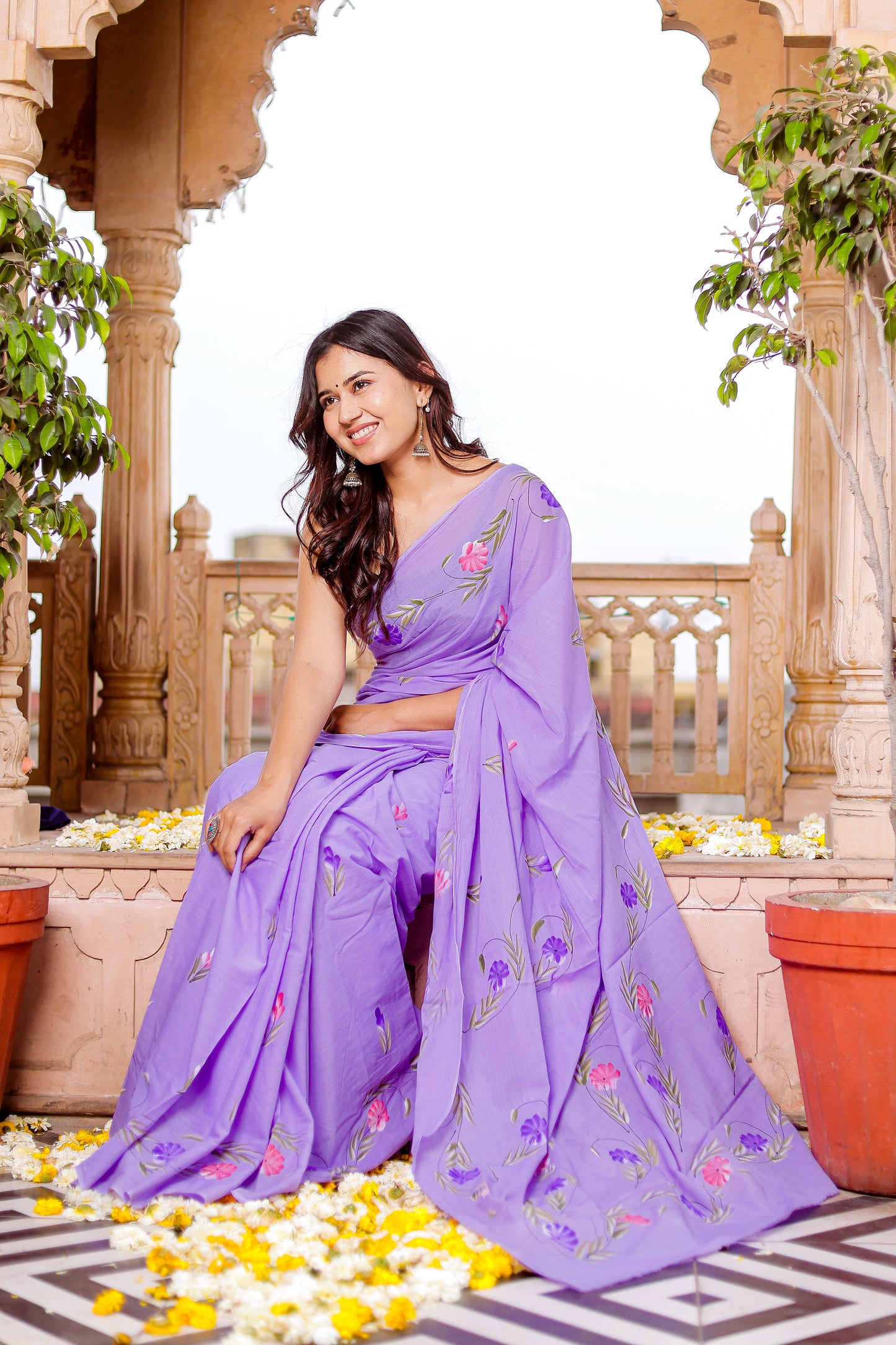 Lilac hand painted mul cotton saree