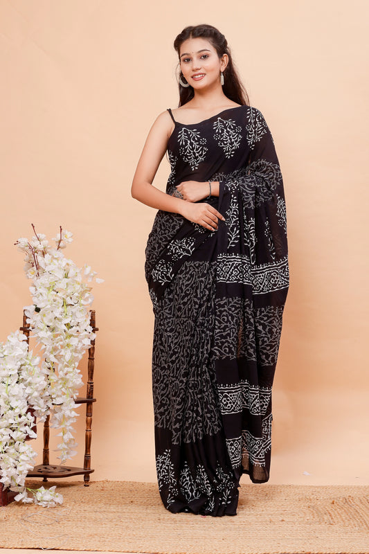 Black jaal - mul cotton saree -100% Hand Block Print