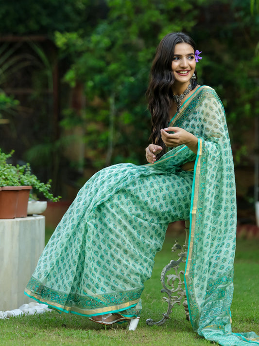 Green Bootie Printed Pure Hand Block printed Kota Doria saree