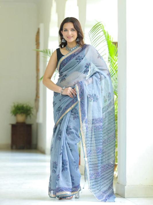 Grey Boota Pure Hand Block printed Kota Doria saree