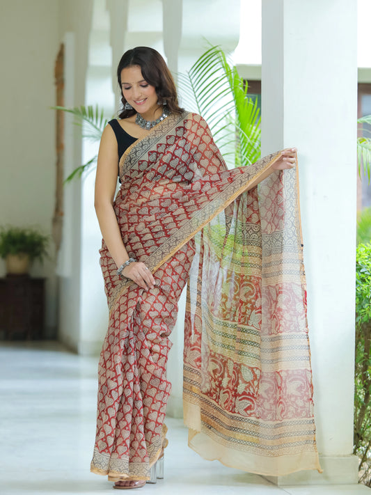 Bagru Paan Printed Premium Kota Doria Saree