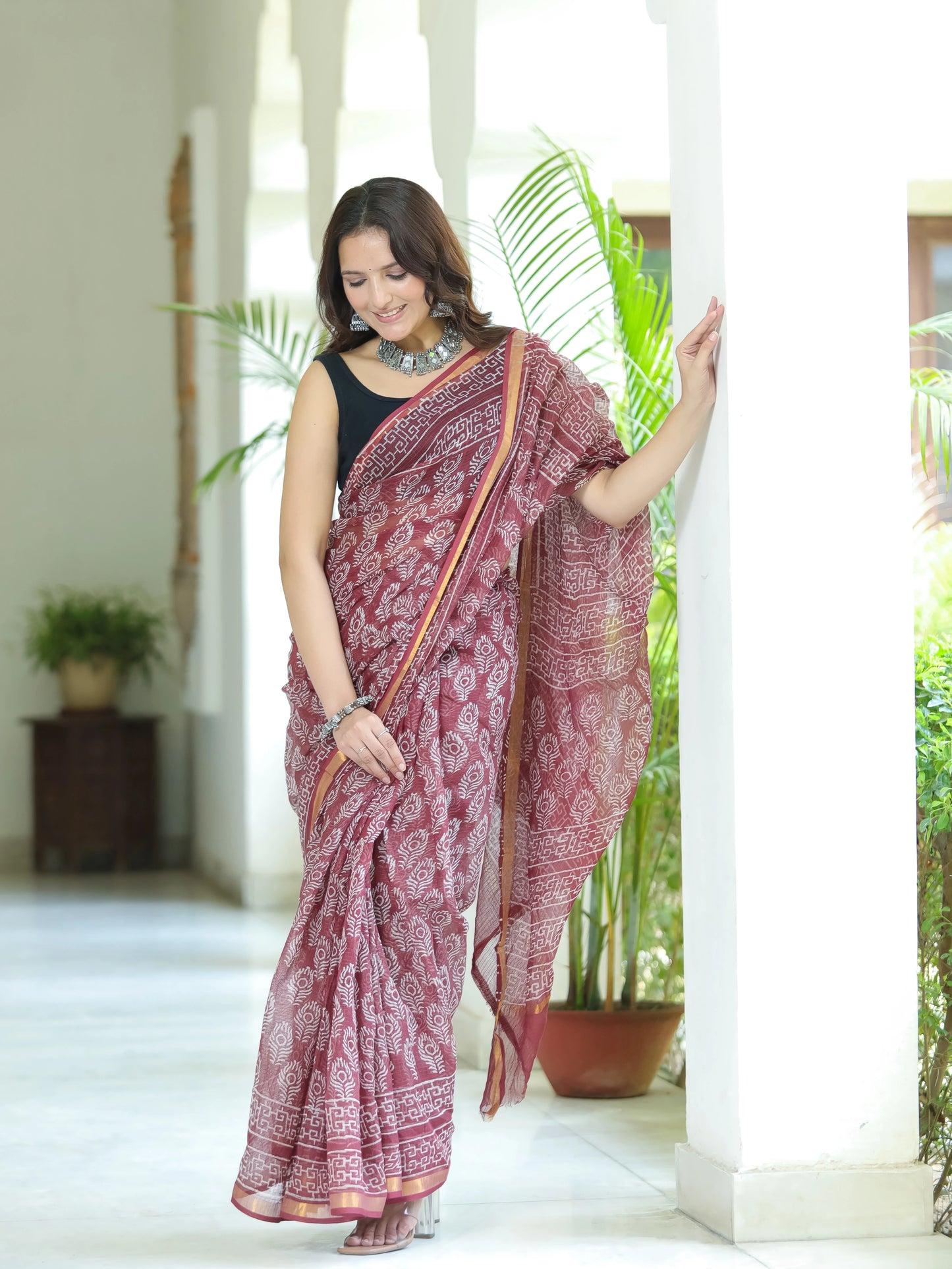 Morpankh Printed Maroon Pure Hand Block printed Kota Doria saree