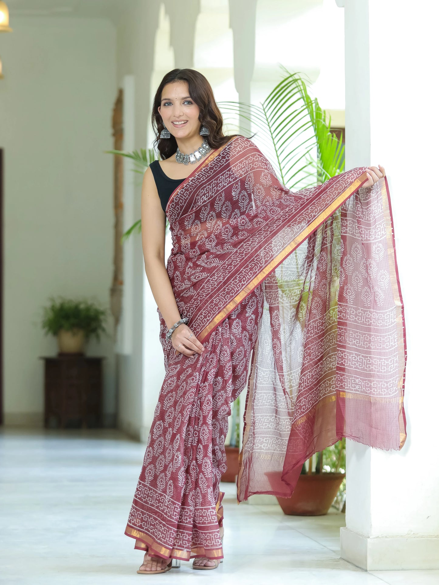 Morpankh Printed Maroon Pure Hand Block printed Kota Doria saree